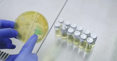 Scientist points to various bacteria in a petri dish Stock Footage 339321790