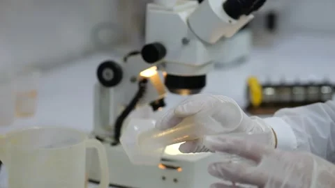 Scientist pouring water sample from test tube to water cup, lab analysis Stock Footage 239596690