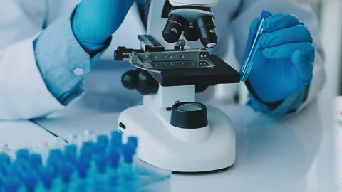 Scientist preparing sample for examination under microscope in laboratory Stockbeeldmateriaal 325476603