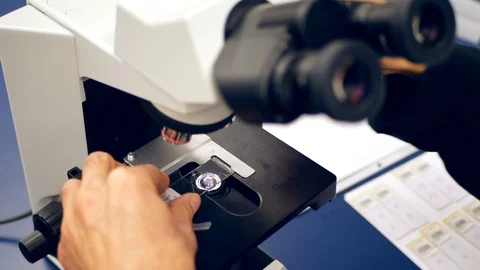 A scientist preparing a slide of cancer cells from a medical biopsy with a Stock Footage 100997032