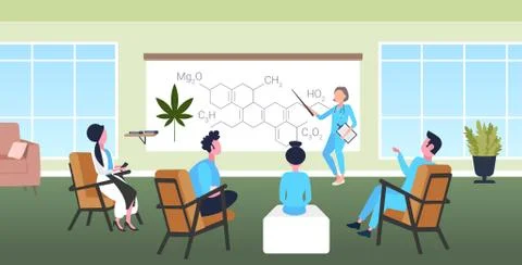 Scientist presenting CBD THC cannabis hemp drug molecule for doctors team at  Stock Illustration