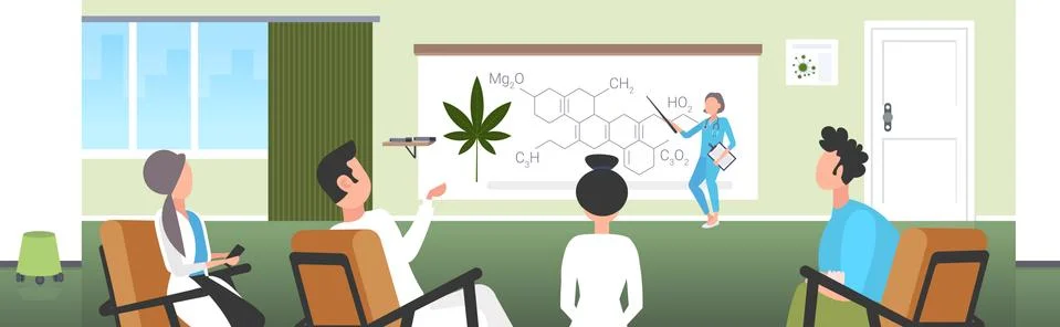 Scientist presenting CBD THC cannabis hemp drug molecule for doctors team at Stock Illustration