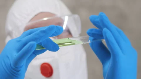 A scientist in a protective suit holds a test tube with a sample. Stock Footage 302172464
