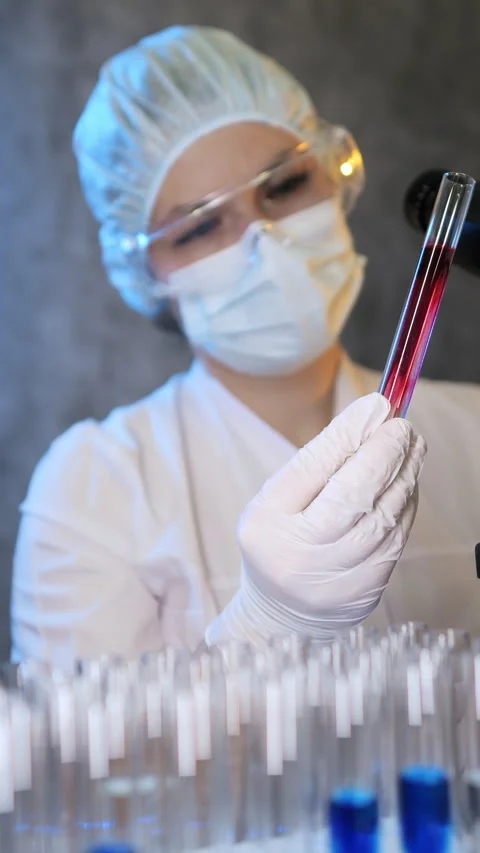 A scientist in a protective suit holds a test tube with a sample. Stock Footage 302182328