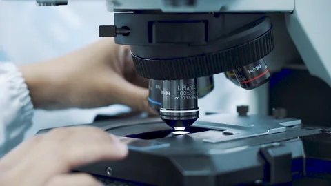 Scientist put the microscope cover glass in the microscope close up slow motion Video stock 158912843