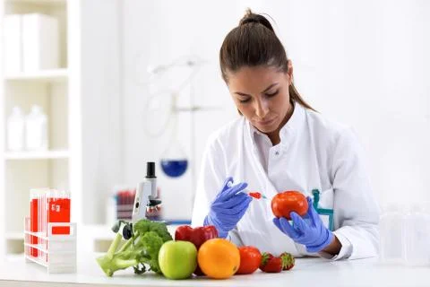 Scientist putting new sample to vegetables and cheking results Stock Photos