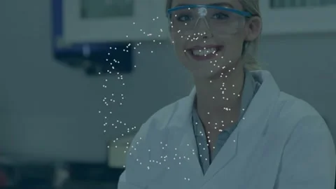 Scientist reaching for goggles with data swirl appearing around test tubes, Stock Footage 320066850