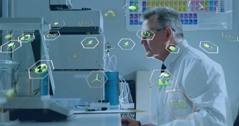 Scientist reaching for sample typing and analyzing data with green hex icons Stock Footage 334036431