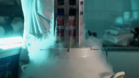 Scientist removes a container from a liquid nitrogen storage facility. Stock Footage 294703881