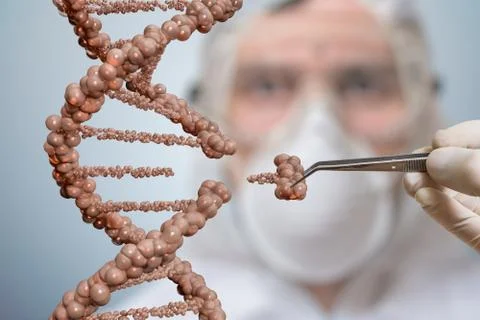 Scientist is replacing part of a DNA molecule. Genetic engineering and gene mani Stock Photos