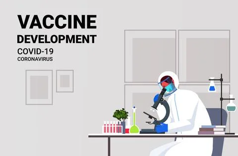 Scientist resarcher working with microscope in lab coronavirus vaccine 스톡 일러스트