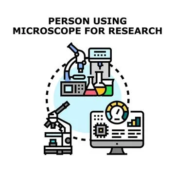 Scientist researching with microscope, lab equipment, and computer Illustrazione stock