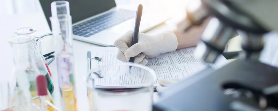 Scientist searching and looking at microscope, doctor or researcher are res.. Photos