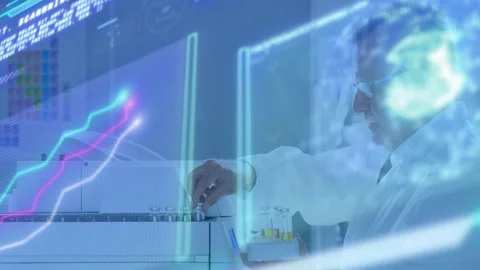 Scientist selecting yellow tube, inserting into analyzer and tracking code, Stock Footage 314527842