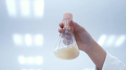 Scientist shaking yellow liquid in erlenmeyer flask close up slow motion Stock-Footage 158912948