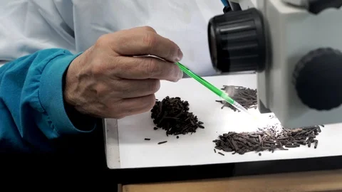 Scientist sorting through sediment fossils with microscope Stock Footage 103072922