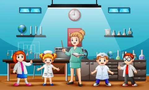Scientist standing with chalkboard teaching student in laboratory classroom Stock Illustration