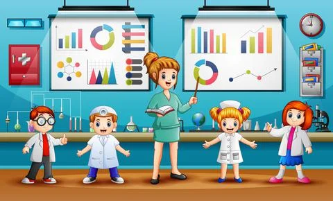 Scientist standing with chalkboard teaching student in laboratory classroom Stock Illustration