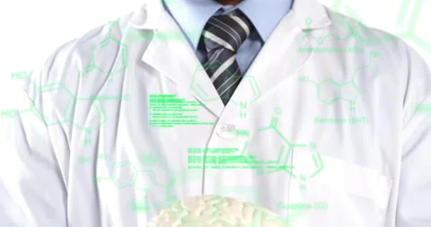 Scientist staring at code scrolling while rotating brain showing science fusion Stock Footage 314174626