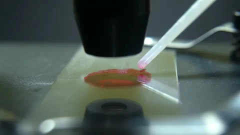 Scientist stirring blood sample on microscope slide with laboratory tool, close Stock Footage 329129189