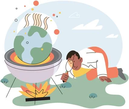 Scientist studies problem of rising temperatures on Earth, makes analysis of Illustrazione stock