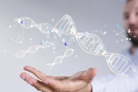 Scientist studying a 3D rendering of DNA strands hologram Stockfoto's