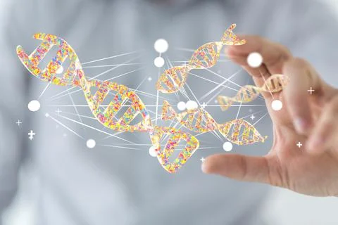 Scientist studying a 3D rendering of DNA strands hologram Stockfoto's