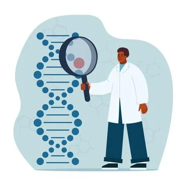 Scientist studying dna helix through a magnifying glass Illustrazione stock