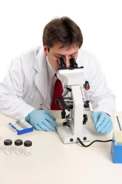 Scientist studying  slide under microscope Stock Photos