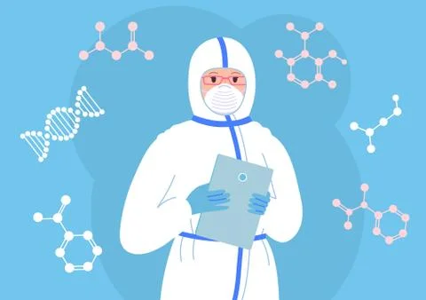 Scientist with tablet mask protective suit women Stock Illustration