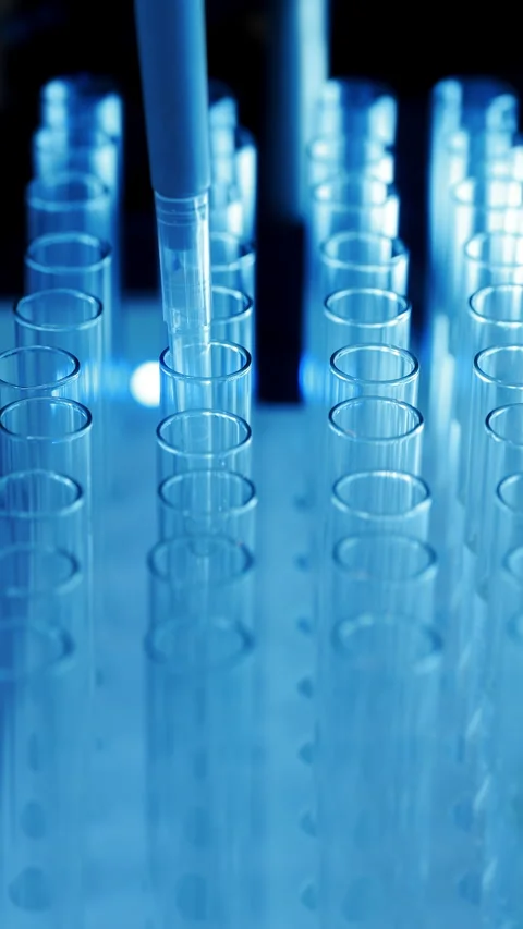 A scientist takes a sample with a pipette from a flask in a laboratory. Stock Footage 302173941