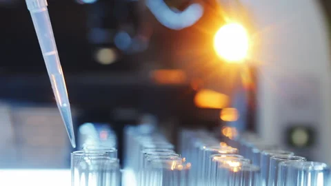 A scientist takes a sample with a pipette from a flask in a laboratory. Stock Footage 302184277