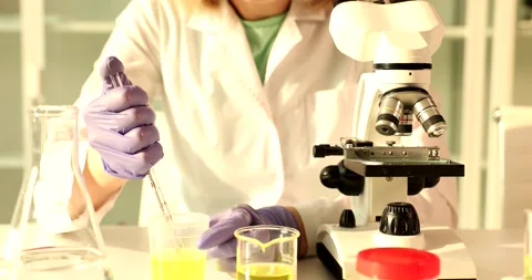Scientist takes sample of urine and pours on microscope stage Stock Footage 285662924