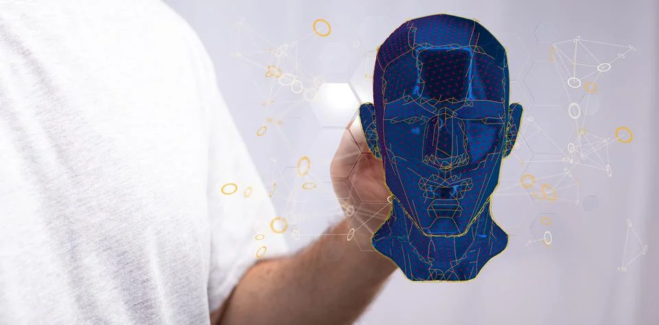 Scientist tapping on a digital render of a blue human head hologram Stock Photos