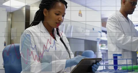 Scientist tapping tablet, charts growing from lines into bars for review while Stock Footage 334178832
