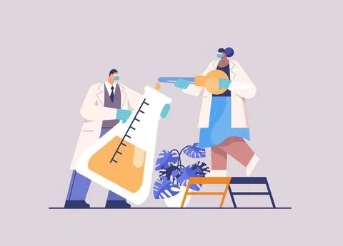 Scientist team loading liquid sample in test tube with pipette researchers Stock Illustration