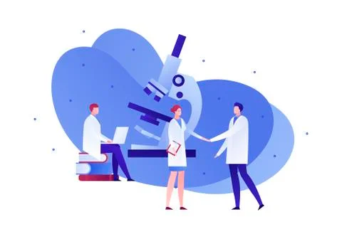 Scientist team with microscope and laptop. Illustrazione stock
