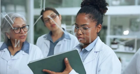Scientist team, talking and tablet at glass in lab for molecule research, data Stock Footage 319043424