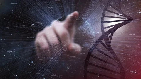 Scientist typing on augmented screen with DNA chain Видео 225898346