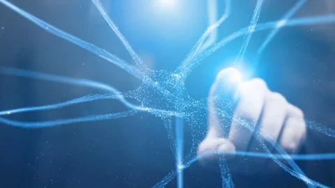 Scientist typing on digital 3d screen with neuron cells animation Stock-Footage 122179532