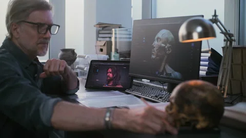 Scientist uses tablet and computer with 3D visualization of ancient extinct Stock Footage 282160758