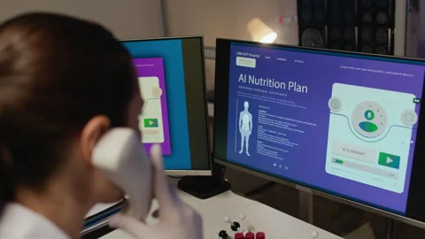 Scientist Using AI Developing Meal Plan and Talking on Landline Phone in Lab Stock Footage 332363558
