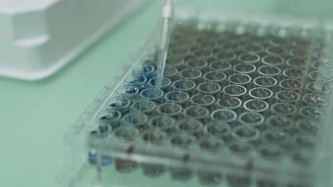 Scientist using a micro pippete in a laboratory with colored chemical compounds Stock Footage 158242798