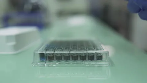 Scientist using a micro pippete in a laboratory to mix colored chemicals Stock Footage 158242799
