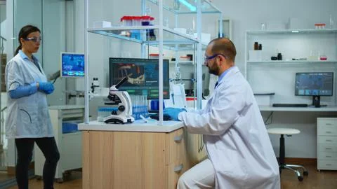 Scientist using microscope cheching virus development Stock Photos