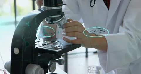 Scientist using microscope in lab, focusing on research with mathematical Stock Illustration