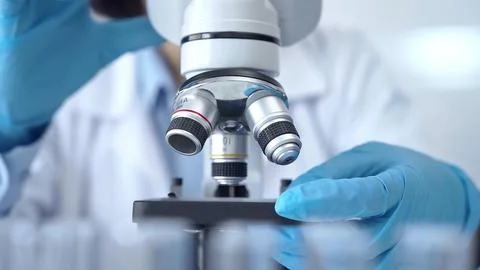 Scientist using microscope in laboratory. Close-up of a researcher's hands 스톡 사진