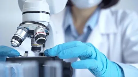 Scientist using microscope in laboratory. Close-up of a researcher's hands Stock-Fotos