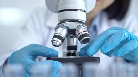 Scientist using microscope in laboratory. Close-up of a researcher's hands 스톡 사진