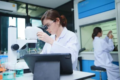 Scientist Using Microscope for Sample Analysis in Laboratory Stock Photos